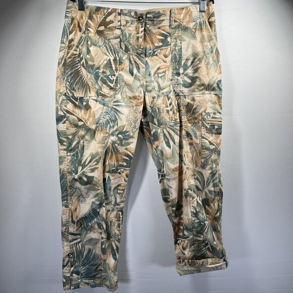 Chicos Women's Roll Tab Pants Size 8 Floral Tropical Lightweight Zipper Button - Picture 1 of 10